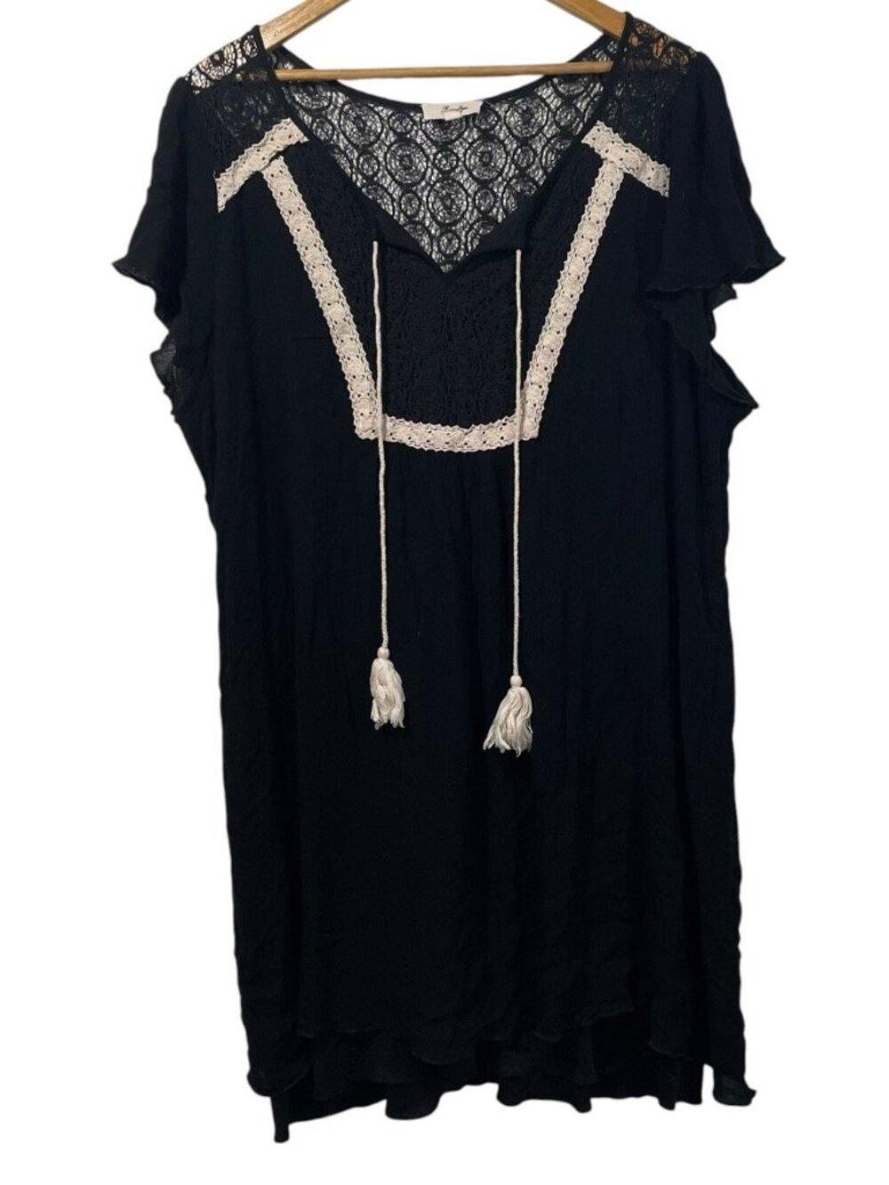 Rue JuJu Womens Black Cream Peasant Tunic Dress Lace Tassels Sz 2X Boho
